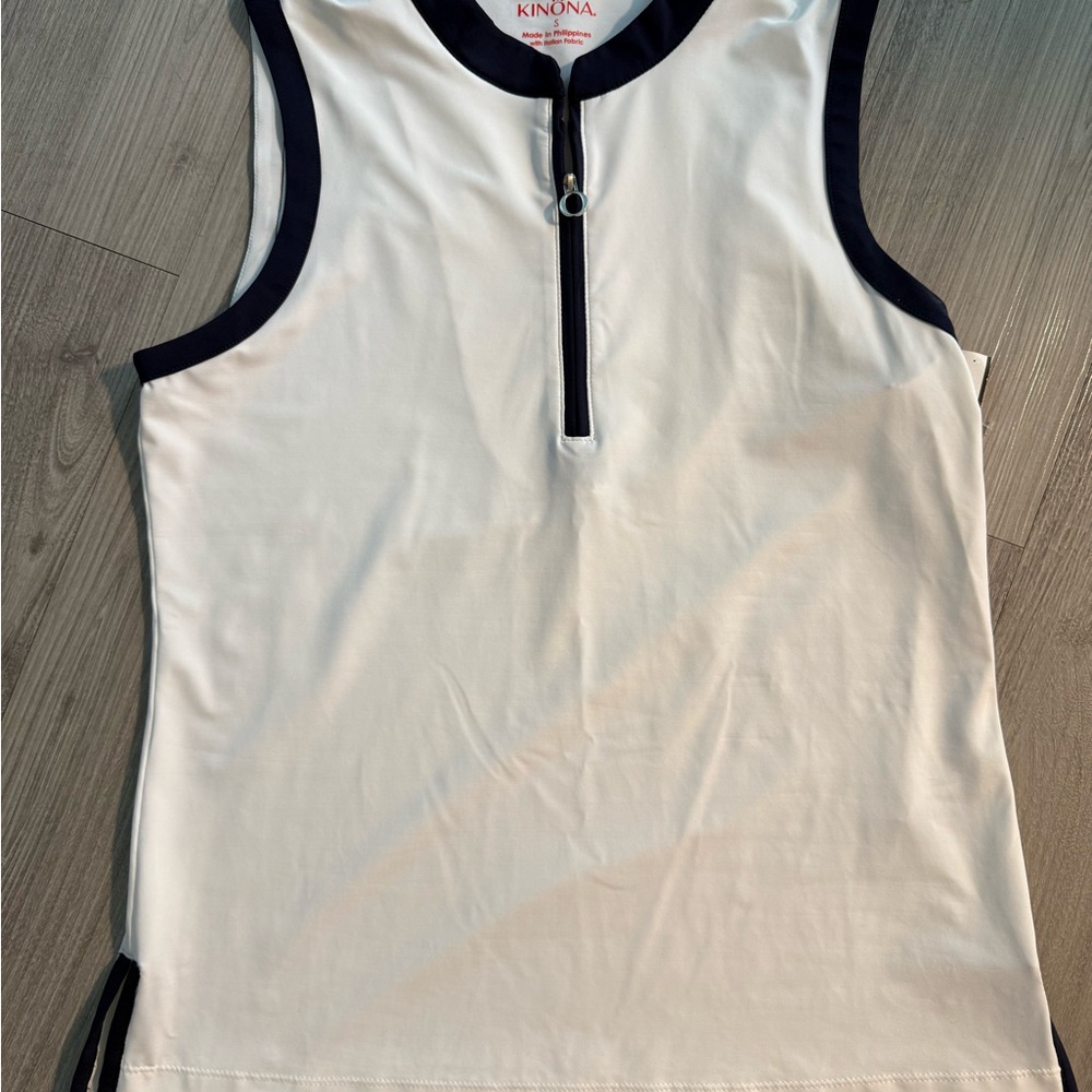 Kinona White Sleeveless Tennis Tank with Navy Trim and Zip Small